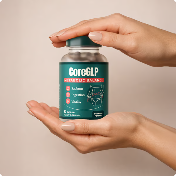 Hands holding a CoreGLP natural supplement bottle