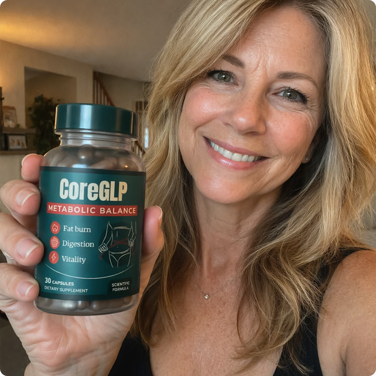 Woman holding a CoreGLP bottle for metabolism support